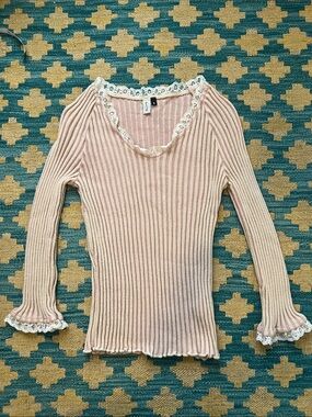 Ribbed Lace-Trim Pink Long Sleeve Top
